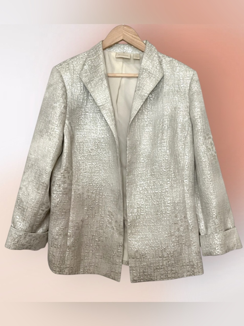 Chico’s Silver Metallic Sher Open Front Cuffed Lined Blazer Size 2 Reg 12/14 L